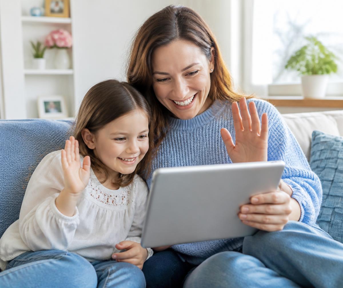A mother and daughter waving during a video visit on a tablet at home
